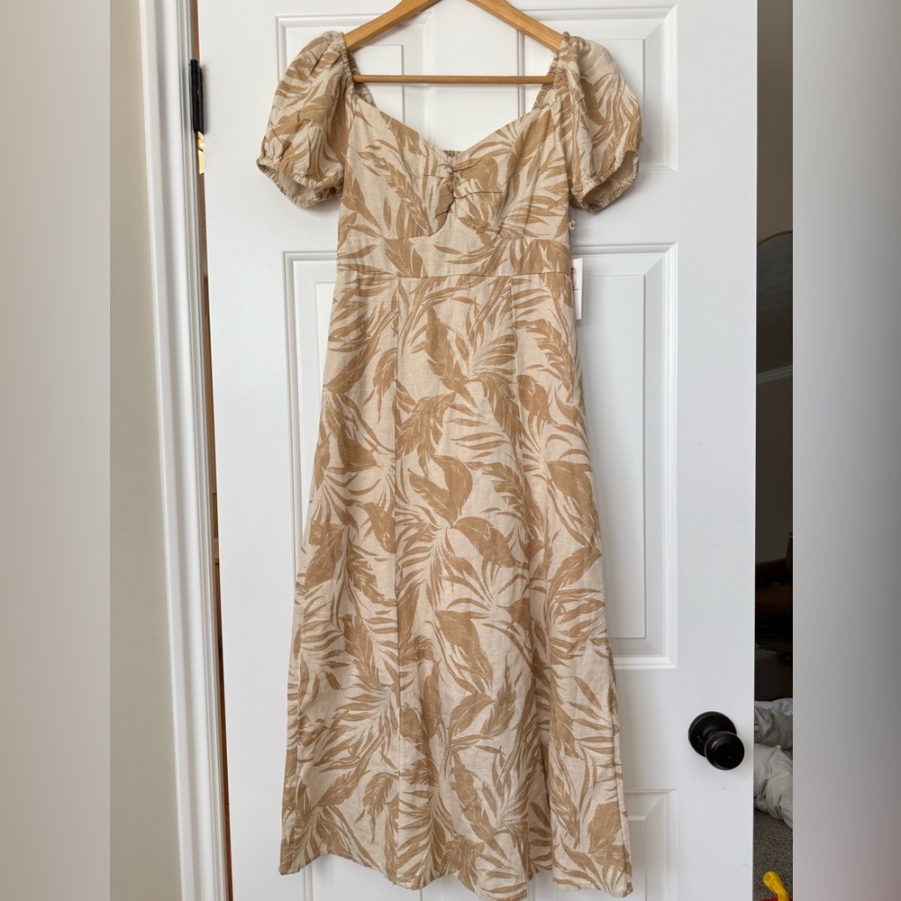 Jessica Simpson Tan Puff Sleeve Midi Dress Smocked Back Sweetheart Neckline S 4